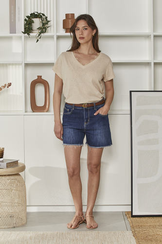 MOMA Beige V - Neck Top | A Staple for Effortless Feminine Charm