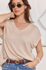 MOMA Beige V - Neck Tee | Minimalist Design, Max Versatility