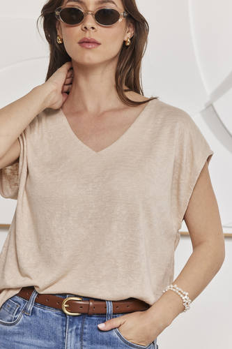 MOMA Beige V - Neck Tee | Minimalist Design, Max Versatility