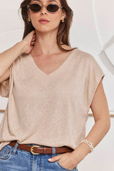 MOMA Beige V - Neck Tee | Minimalist Design, Max Versatility