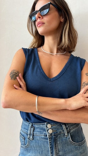 MOMA Blue V - Neck Tank | Blend of Comfort and Timeless Charm