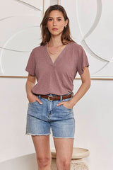 MOMA Wardrobe Essential | Mauve Textured V - Neck Tee