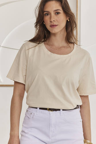 MOMA Beige Crew - Neck Raw - Edge Tee | Effortless Casual Elegance