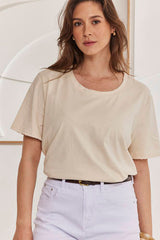 MOMA Beige Crew - Neck Raw - Edge Tee | Effortless Casual Elegance