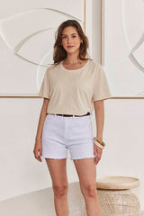 MOMA Beige Crew - Neck Raw - Edge Tee | Effortless Casual Elegance