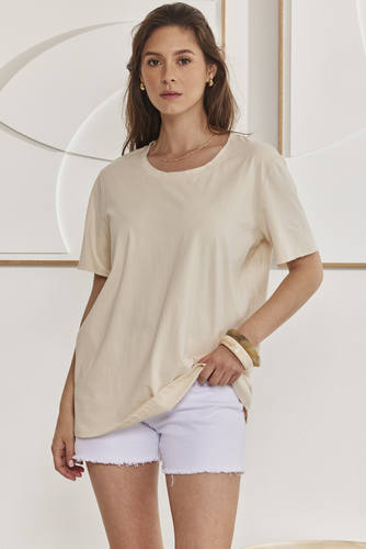 MOMA Beige Crew - Neck Raw - Edge Tee | Effortless Casual Elegance