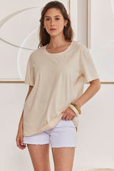 MOMA Beige Crew - Neck Raw - Edge Tee | Effortless Casual Elegance