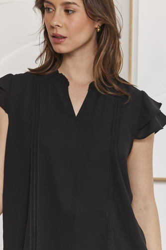 MOMA Black Ruffled Sleeve V - Neck Blouse | Effortless Sophisticated Chic