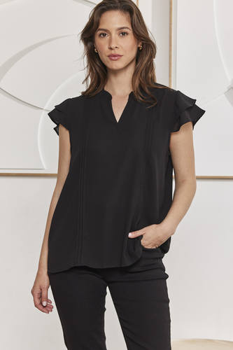 MOMA Black Ruffled Sleeve V - Neck Blouse | Effortless Sophisticated Chic