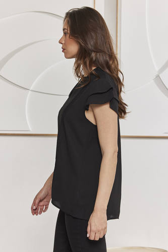 MOMA Black Ruffled Sleeve V - Neck Blouse | Effortless Sophisticated Chic