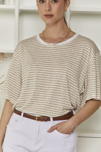 MOMA Wardrobe Essential | Beige Striped Crew - Neck Oversized Tee