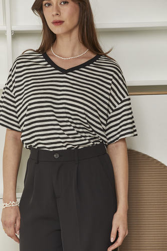 MOMA Wardrobe Essential | Striped V - Neck Oversized Tee