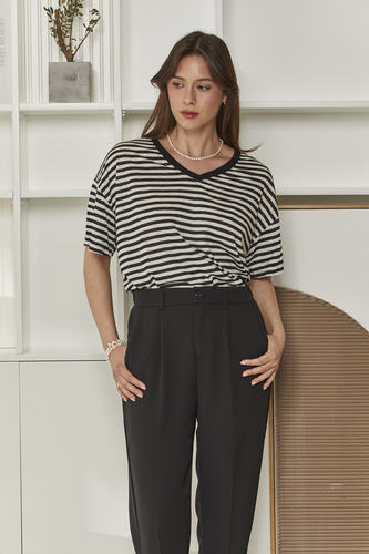 MOMA Wardrobe Essential | Striped V - Neck Oversized Tee