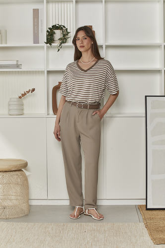 MOMA Beige Striped V - Neck Garment | Comfort Meets Subtle Style