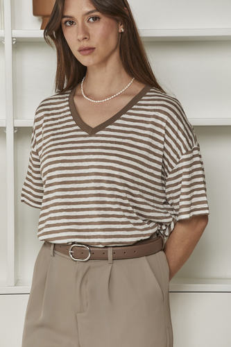 MOMA Beige Striped V - Neck Garment | Comfort Meets Subtle Style