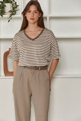 MOMA Beige Striped V - Neck Garment | Comfort Meets Subtle Style