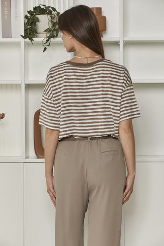 MOMA Beige Striped V - Neck Garment | Comfort Meets Subtle Style