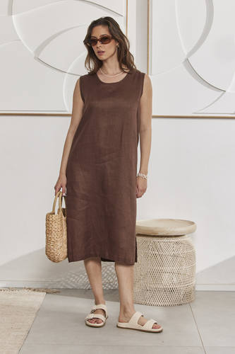MOMA Brown Linen Sleeveless Midi Dress | Effortless Casual Elegance