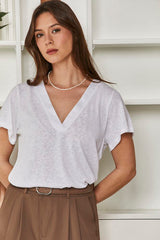 MOMA White Linen V - Neck Tee | Effortless Casual Chic