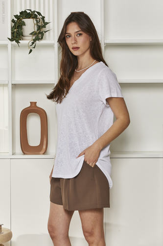 MOMA White Linen V - Neck Tee | Effortless Casual Chic