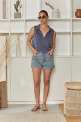 MOMA Slate Blue Sleeveless Polo Top | Minimalist Design, Max Versatility