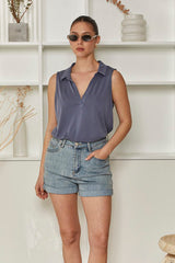 MOMA Slate Blue Sleeveless Polo Top | Minimalist Design, Max Versatility