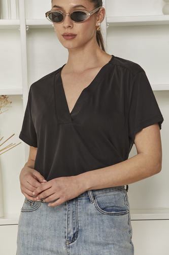MOMA Black Satin V - Neck Top | Effortless Elegant Chic