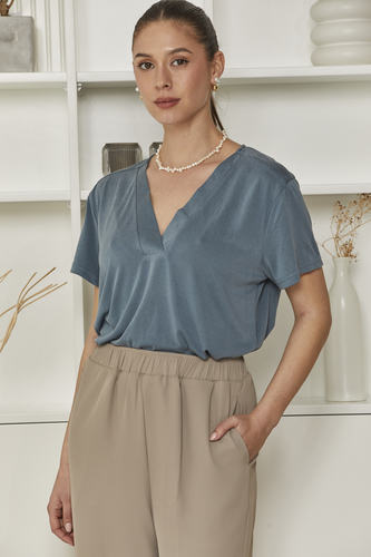 MOMA Relaxed Fit Satin V - Neck Shirt | Slate Blue, Timeless & Sophisticated