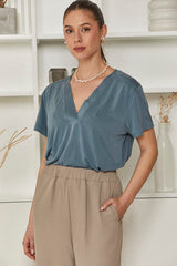 MOMA Relaxed Fit Satin V - Neck Shirt | Slate Blue, Timeless & Sophisticated