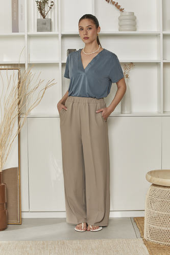 MOMA Relaxed Fit Satin V - Neck Shirt | Slate Blue, Timeless & Sophisticated