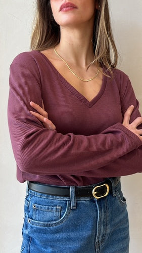 MOMA Mauve Waffle Knit V - Neck Top | Effortless Textured Chic