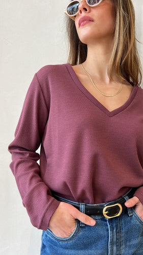 MOMA Mauve Waffle Knit V - Neck Top | Effortless Textured Chic