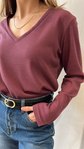 MOMA Mauve Waffle Knit V - Neck Top | Effortless Textured Chic