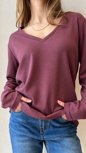 MOMA Mauve Waffle Knit V - Neck Top | Effortless Textured Chic