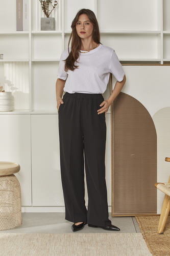 MOMA Chic Elastic - Waist Black Wide - Leg Trousers