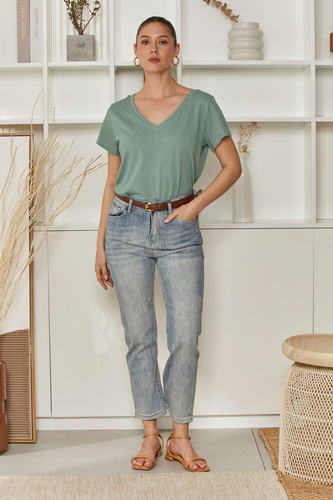 MOMA Belted Light Blue Straight - Leg Jeans