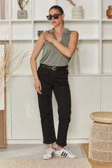 MOMA Stylish Belted Black Denim Pants