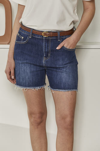 MOMA Trendy Belted Blue Distressed Denim Shorts