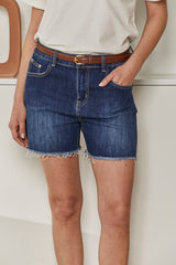MOMA Trendy Belted Blue Distressed Denim Shorts