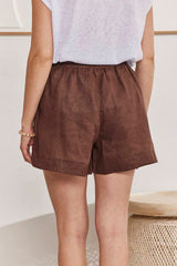 MOMA Natural - Feel Brown Linen Elastic - Waist Shorts