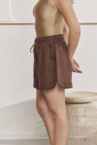 MOMA Natural - Feel Brown Linen Elastic - Waist Shorts