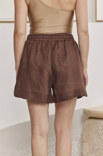 MOMA Natural - Feel Brown Linen Elastic - Waist Shorts