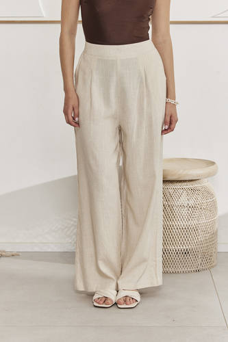 MOMA Comfortable Beige Linen Wide - Leg Pants