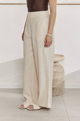 MOMA Comfortable Beige Linen Wide - Leg Pants