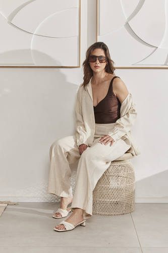 MOMA Comfortable Beige Linen Wide - Leg Pants