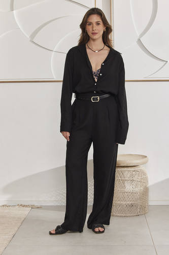 MOMA Casual Black Belted Wide - Leg Pants