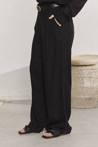 MOMA Casual Black Belted Wide - Leg Pants