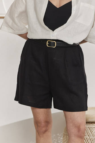 MOMA Trendy Black Linen Elastic - Waist Shorts