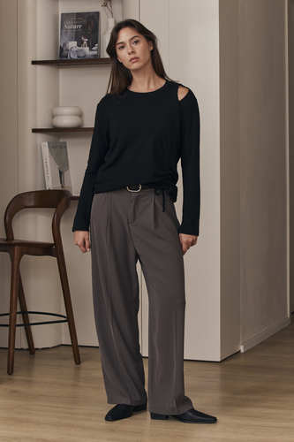 MOMA Trendy Grey Pleated Wide - Leg Trousers