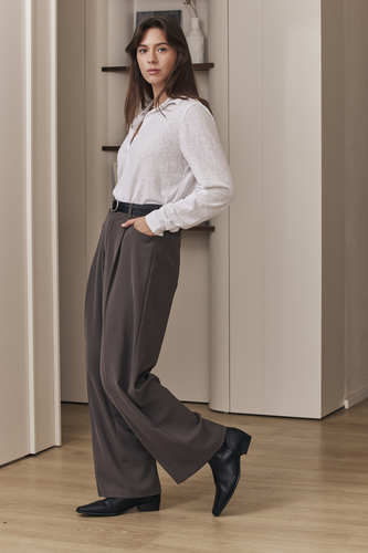 MOMA Trendy Grey Pleated Wide - Leg Trousers